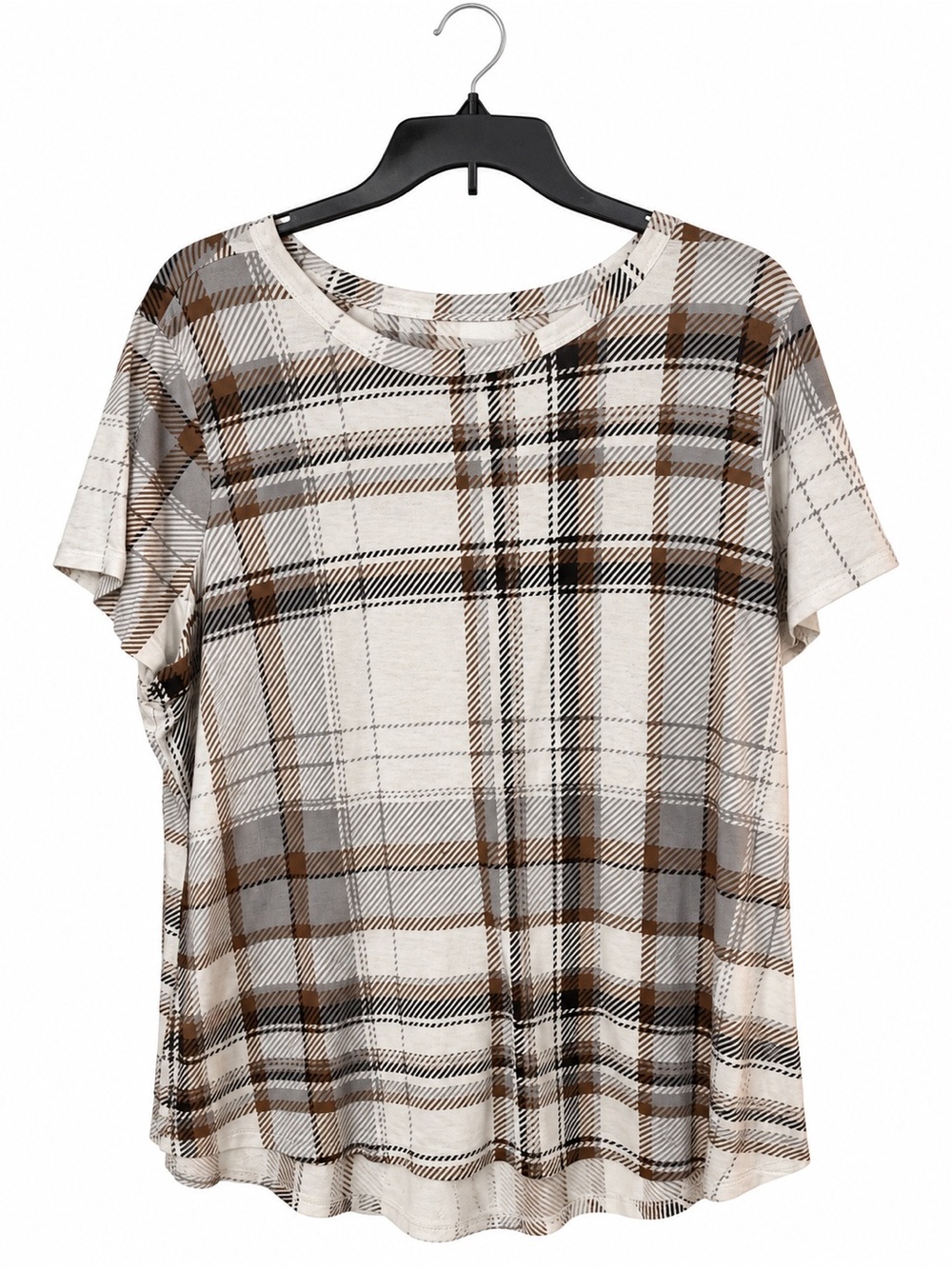 Maurices 24/7 Cream Brown Gray Plaid Short Sleeve Tee